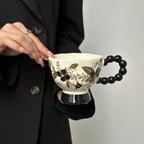Hand-Painted Floral Ceramic Mug Vintage-Style High-Heeled Tea Cup Pottery Latte Mug