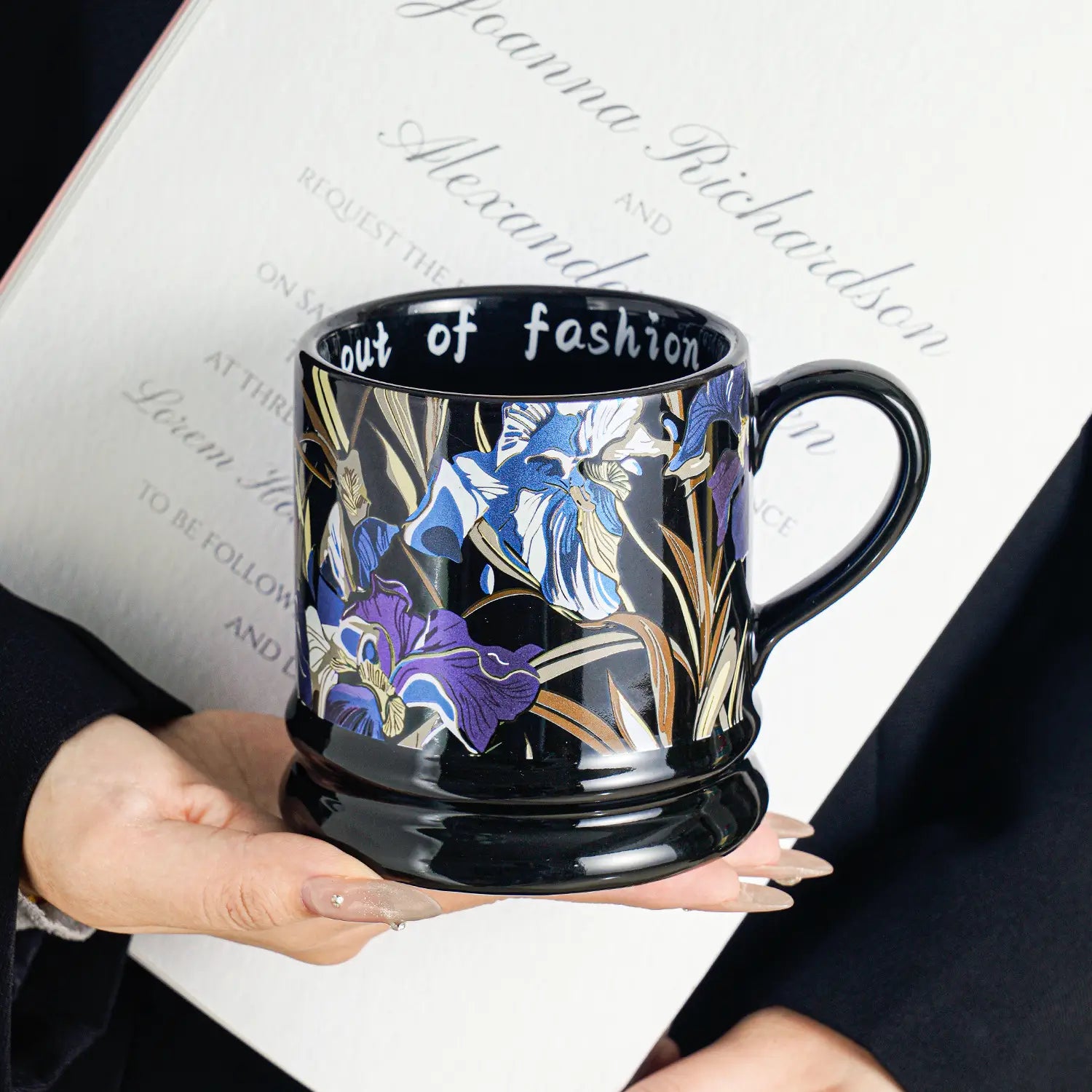 French Pottery Retro Iris Mug Hand-Painted Floral Ceramic Coffee Cup for Home & Office
