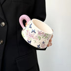 Hand-Painted Lilac Wisteria Ceramic Coffee Cup & Saucer Set Floral Latte Mug Purple Pottery Tea Cup