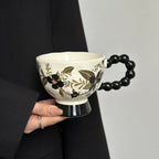 Hand-Painted Floral Ceramic Mug Vintage-Style High-Heeled Tea Cup Pottery Latte Mug