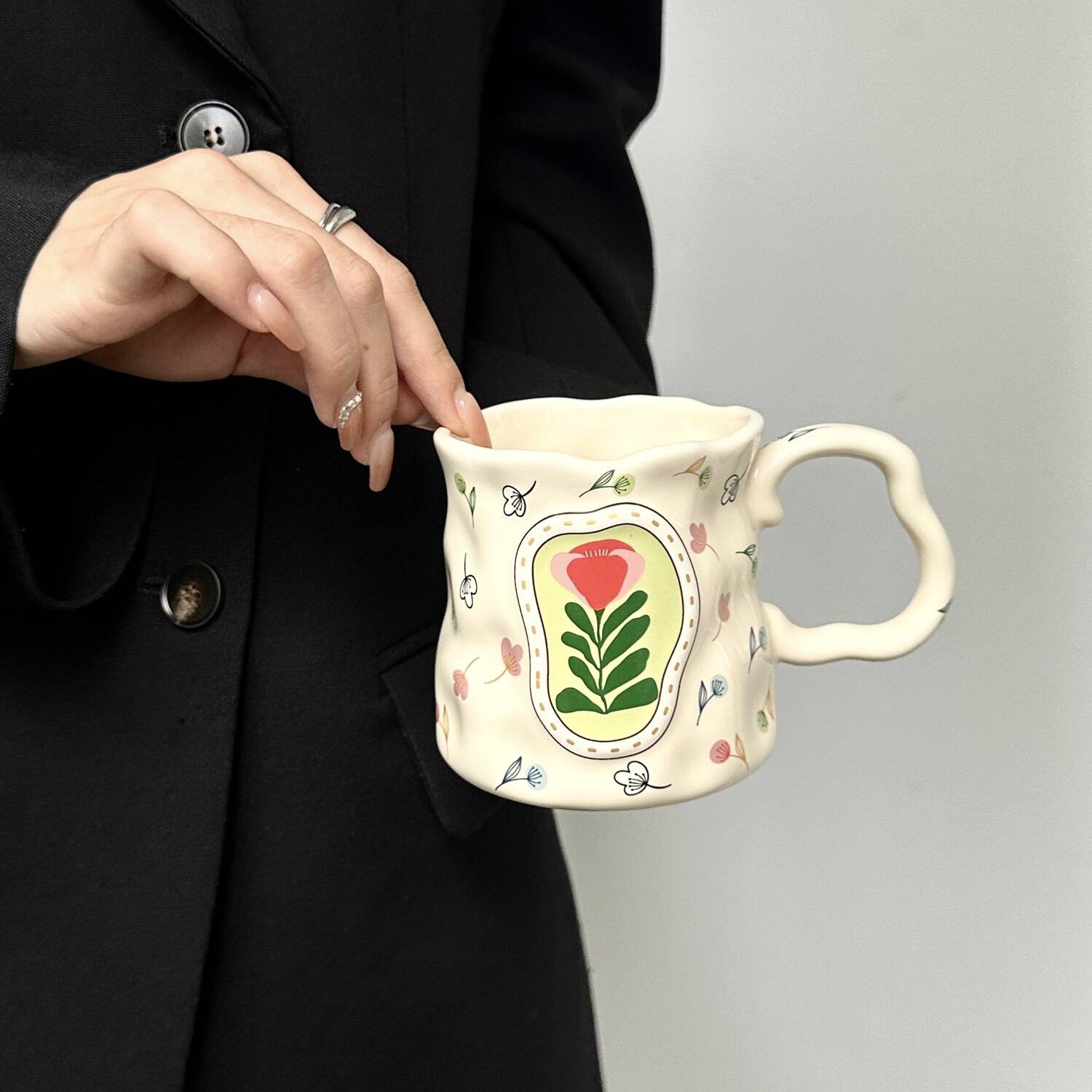 Charming Irregular Ditsy Flower Ceramic Mug Unique Cute Pottery Tea Cup