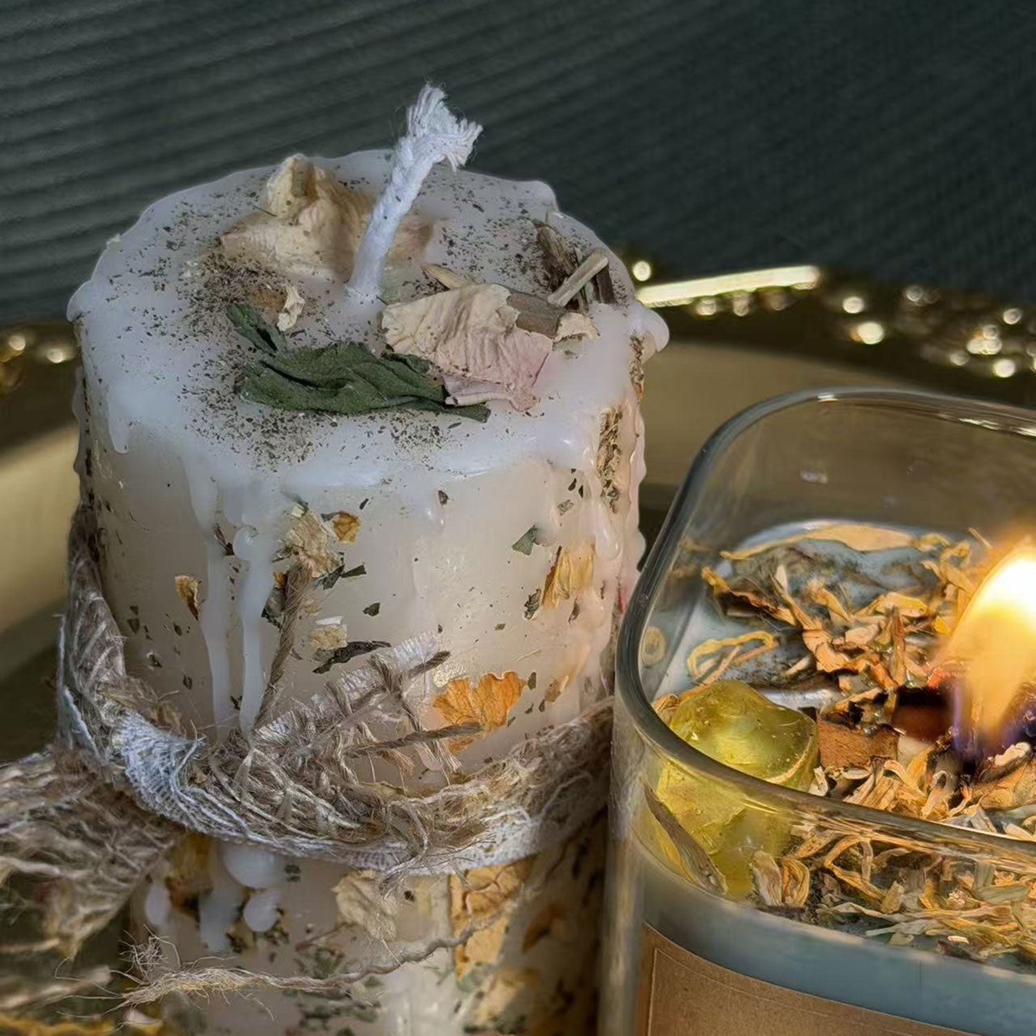 Vintage White Cylinder Scented Candle Pure Beeswax Candle with Herbs