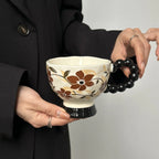 Hand-Painted Floral Ceramic Mug Vintage-Style High-Heeled Tea Cup Pottery Latte Mug
