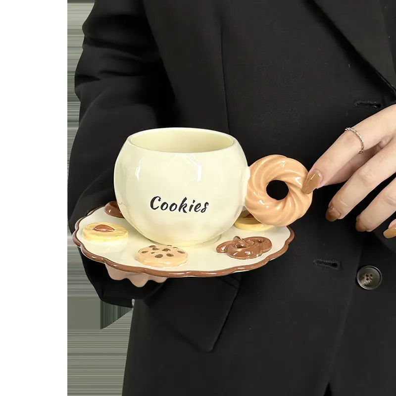 3D Adorable Cookie Ceramic Coffee Cup & Saucer Drinking Set Cute Pottery Latte Mug
