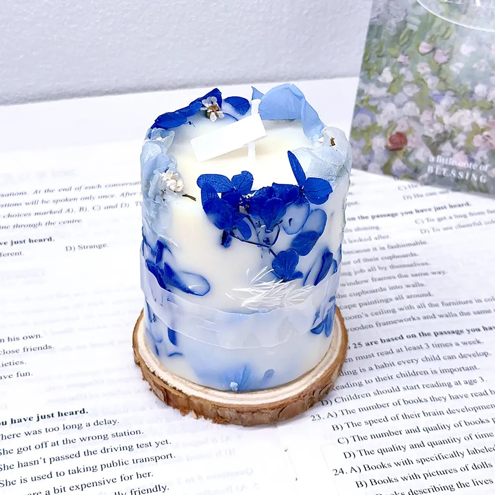 Blue Tone Rose Scented Candle Gift Set Artisan Soy Wax Candle with Real Flowers