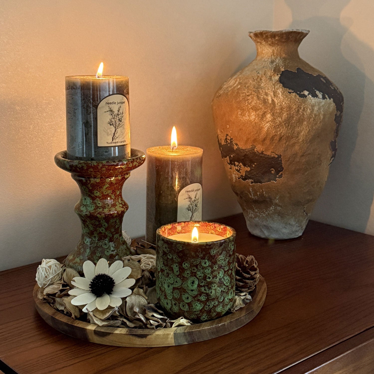 Handmade Scented Candle Set with Ceramic Holder Pine & Lavender Fragrance Candle