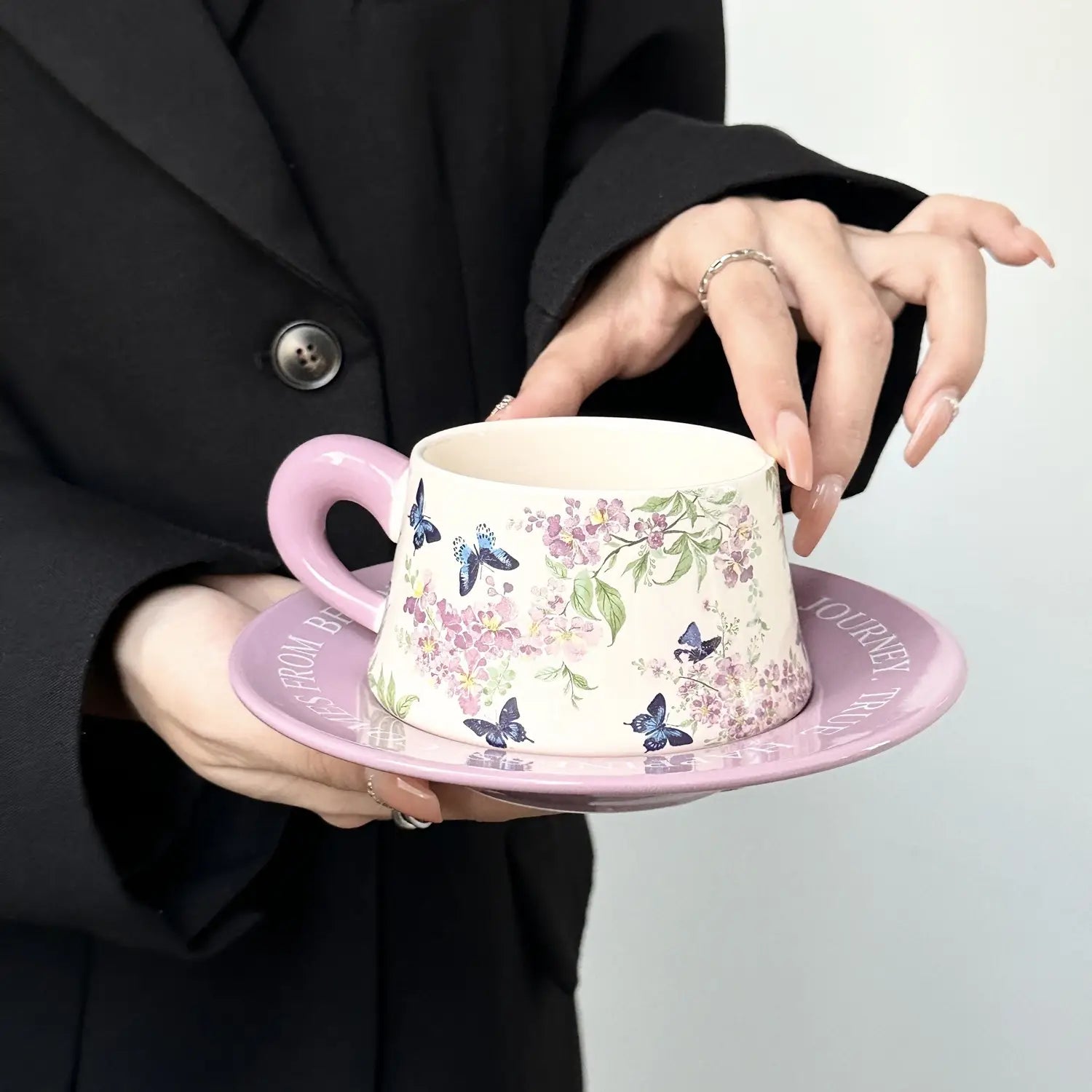 Hand-Painted Lilac Wisteria Ceramic Coffee Cup & Saucer Set Floral Latte Mug Purple Pottery Tea Cup