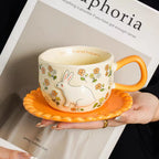 Hand-Painted Rabbit & Floral Ceramic Coffee Cup & Saucer Set Ead-Free Pottery Tea Cup Latte Mug