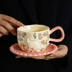 Hand-Painted Rabbit & Floral Ceramic Coffee Cup & Saucer Set Ead-Free Pottery Tea Cup Latte Mug