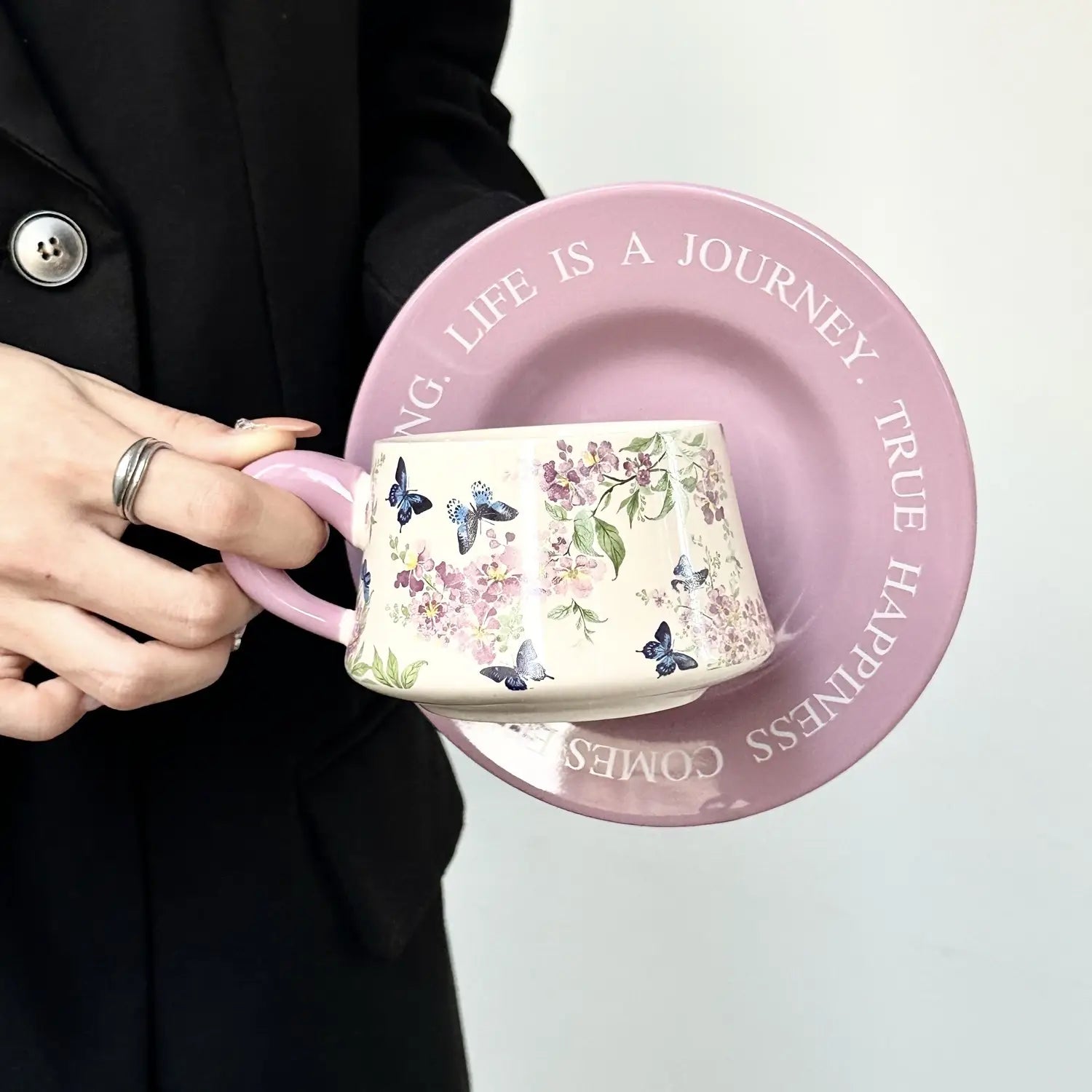 Hand-Painted Lilac Wisteria Ceramic Coffee Cup & Saucer Set Floral Latte Mug Purple Pottery Tea Cup