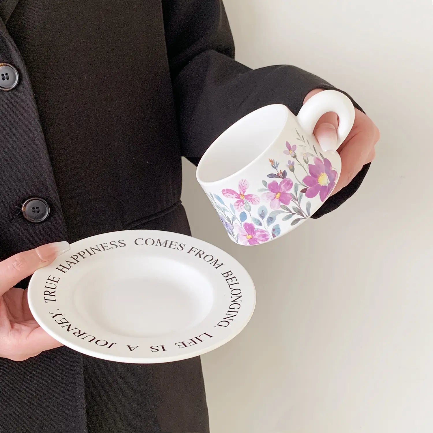 Vintage Ditsy Cymbidium Ceramic Coffee Cup & Saucer Set Elegant Painted Latte Mug Pottery Tea Cup