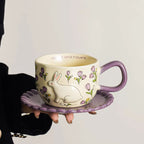 Hand-Painted Rabbit & Floral Ceramic Coffee Cup & Saucer Set Ead-Free Pottery Tea Cup Latte Mug