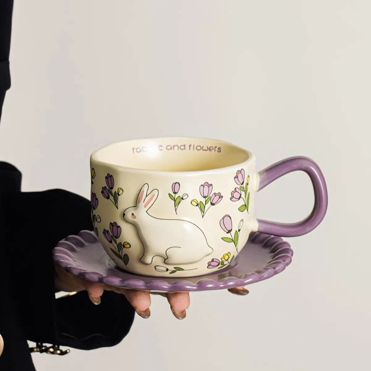 Hand-Painted Rabbit & Floral Ceramic Coffee Cup & Saucer Set Ead-Free Pottery Tea Cup Latte Mug