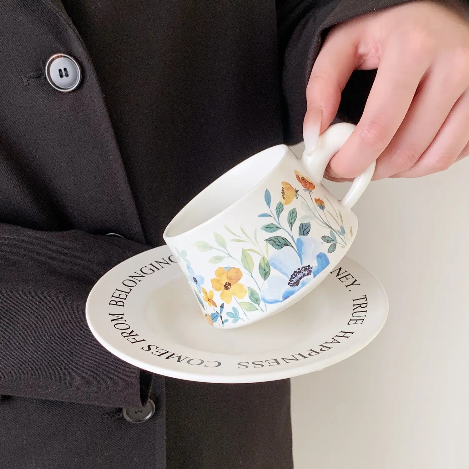 Elegant Narcissus Ceramic Coffee Cup & Saucer Set Sophisticated Pottery Painted Floral Latte Mug