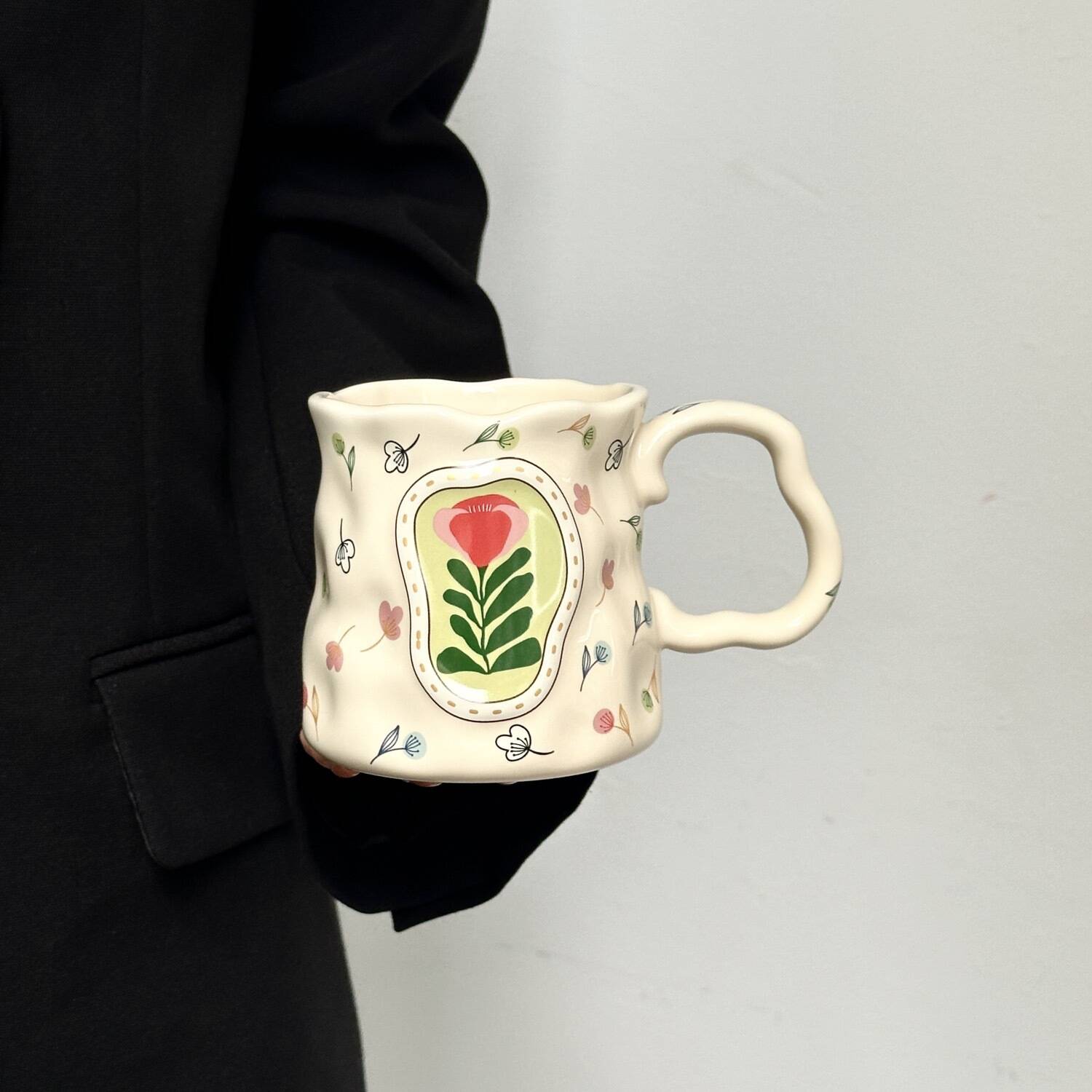 Charming Irregular Ditsy Flower Ceramic Mug Unique Cute Pottery Tea Cup