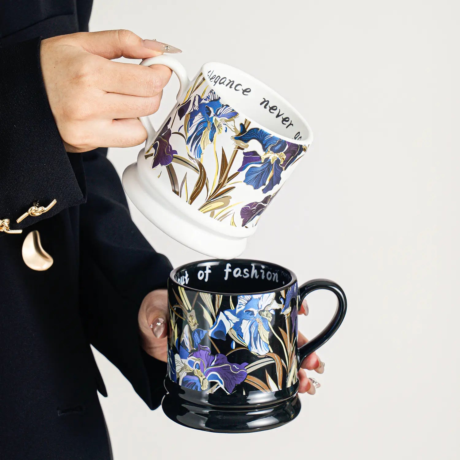 French Pottery Retro Iris Mug Hand-Painted Floral Ceramic Coffee Cup for Home & Office