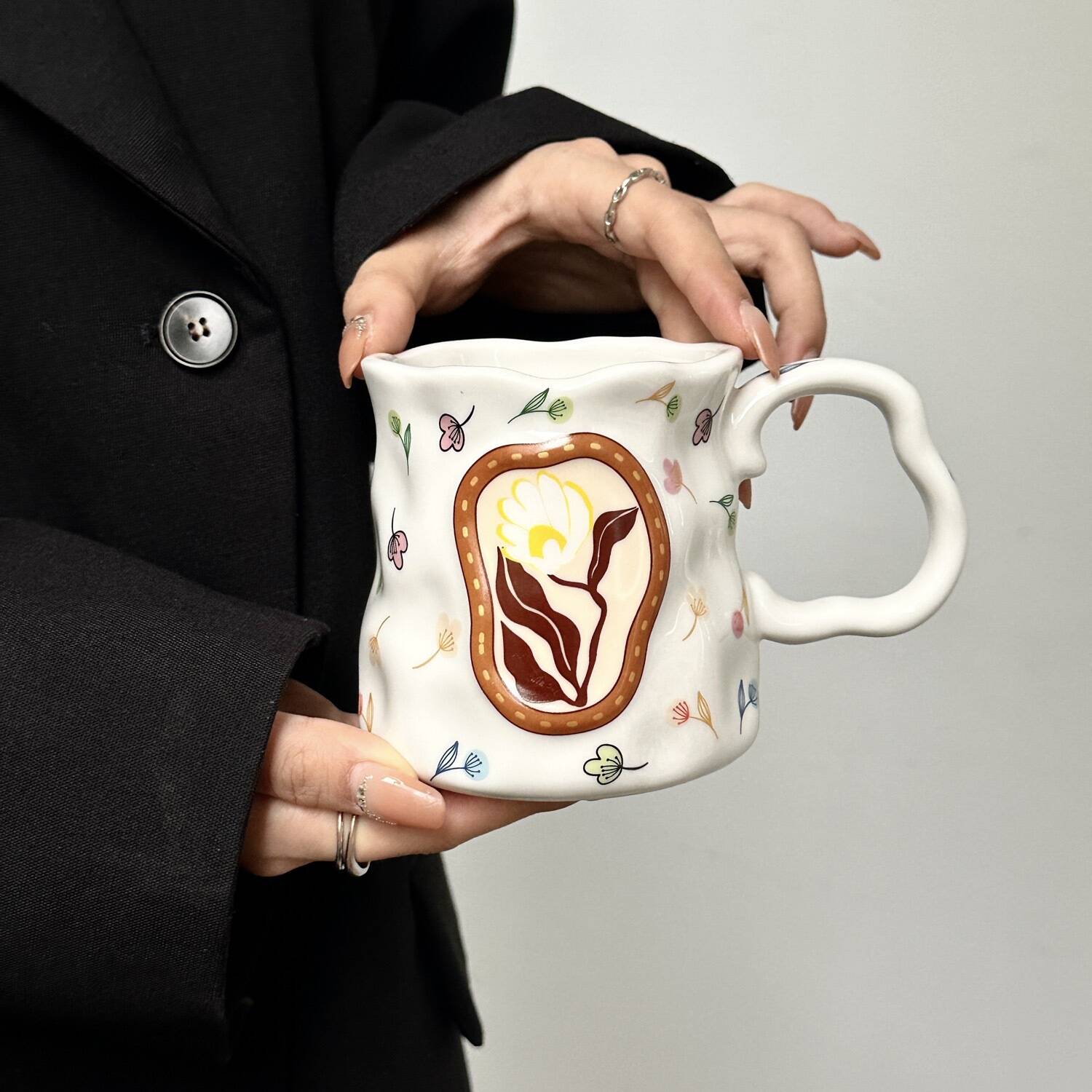 Charming Irregular Ditsy Flower Ceramic Mug Unique Cute Pottery Tea Cup