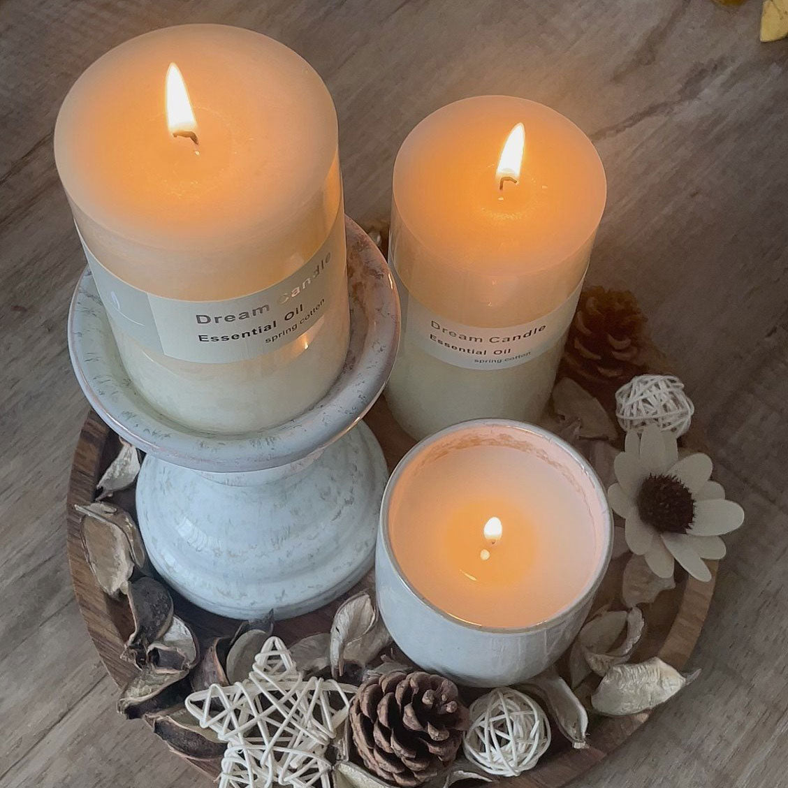 English Pear & Freesia Scented Candle Set with Wooden Tray & Holder