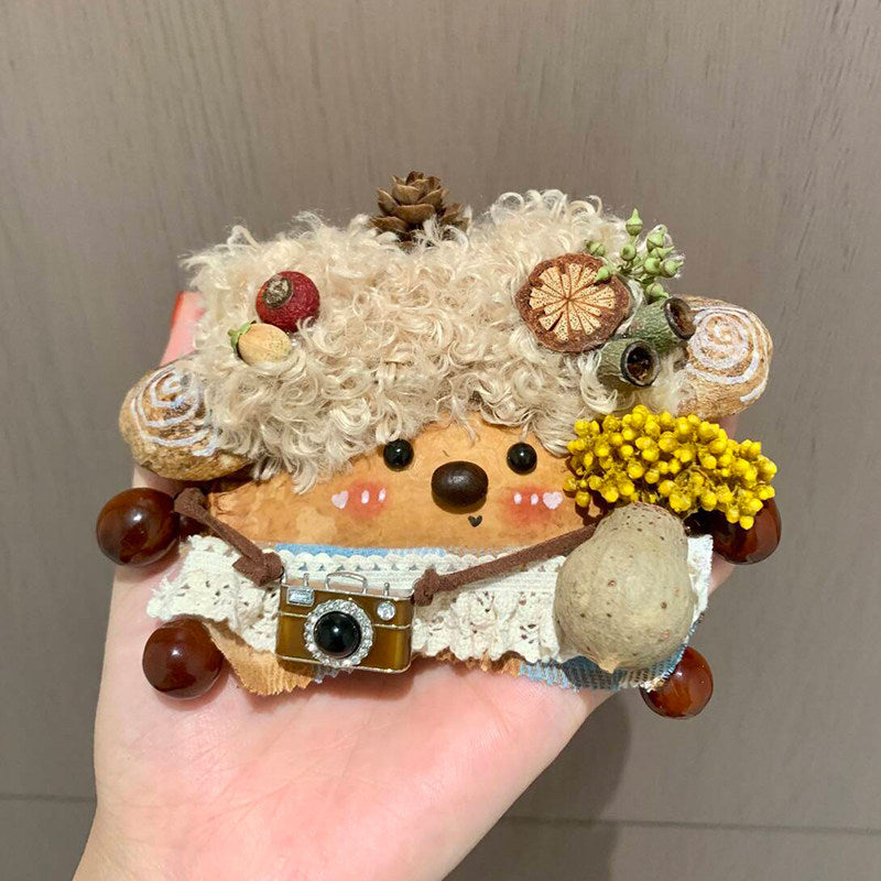Handmade Natural Pod Doll Pendant Fuzzy Bear-Style Pod Doll Bag Charm with Pinecone & Camera Decor