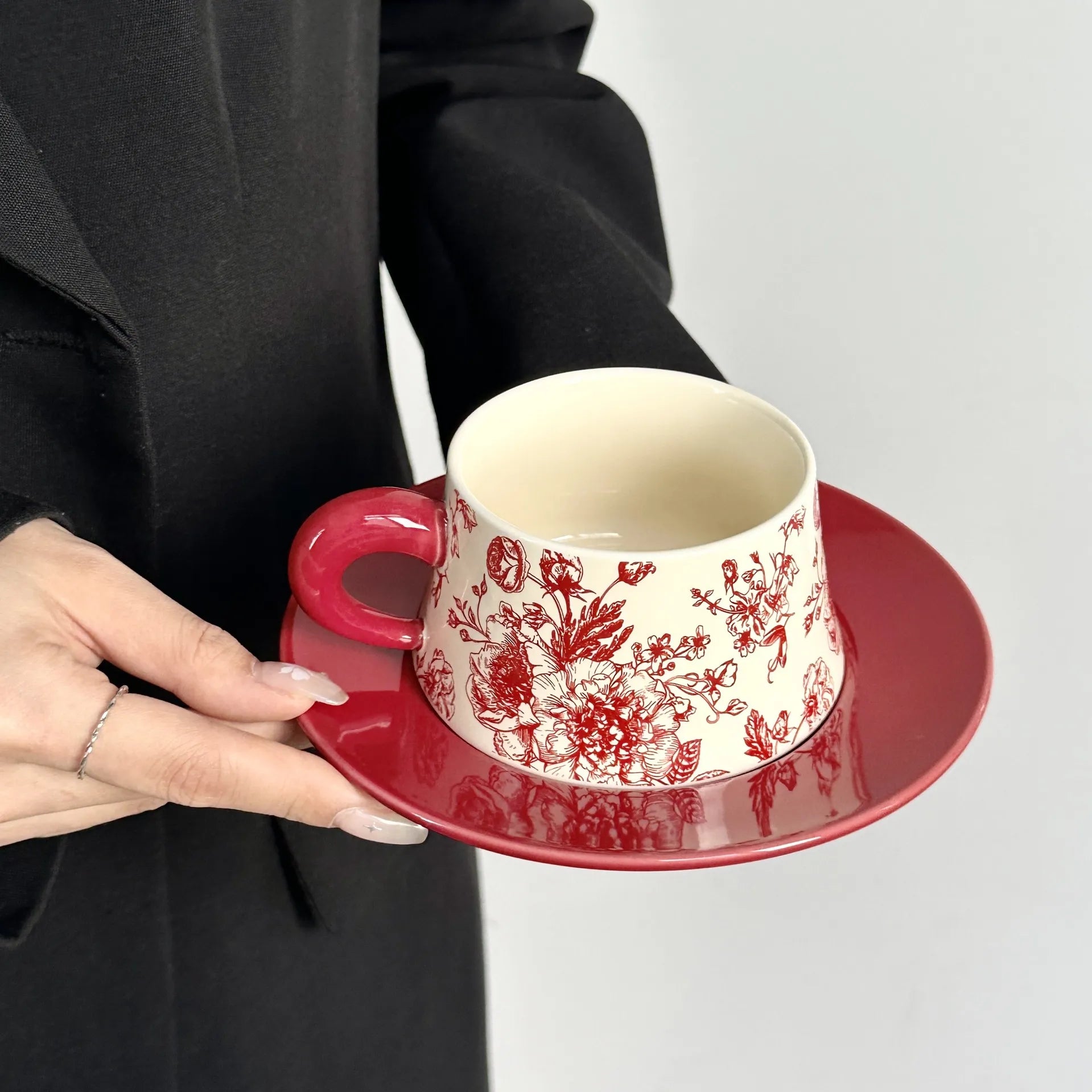 Hand-Painted Floral Ceramic Coffee Cup & Saucer Set Premium Ceramic Pottery Mug Tea Cup