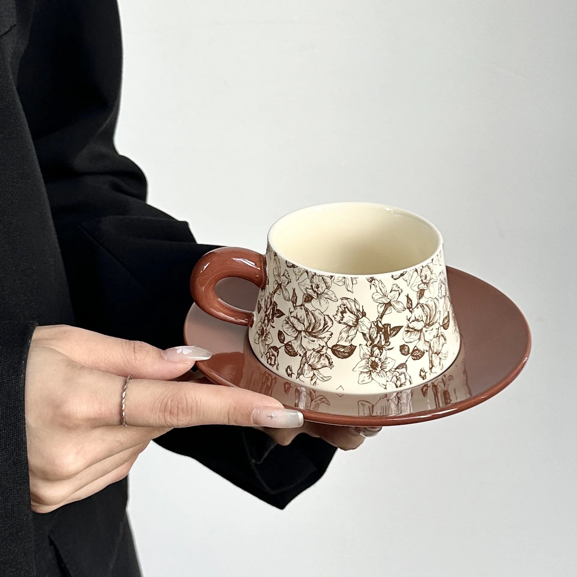 Hand-Painted Floral Ceramic Coffee Cup & Saucer Set Premium Ceramic Pottery Mug Tea Cup
