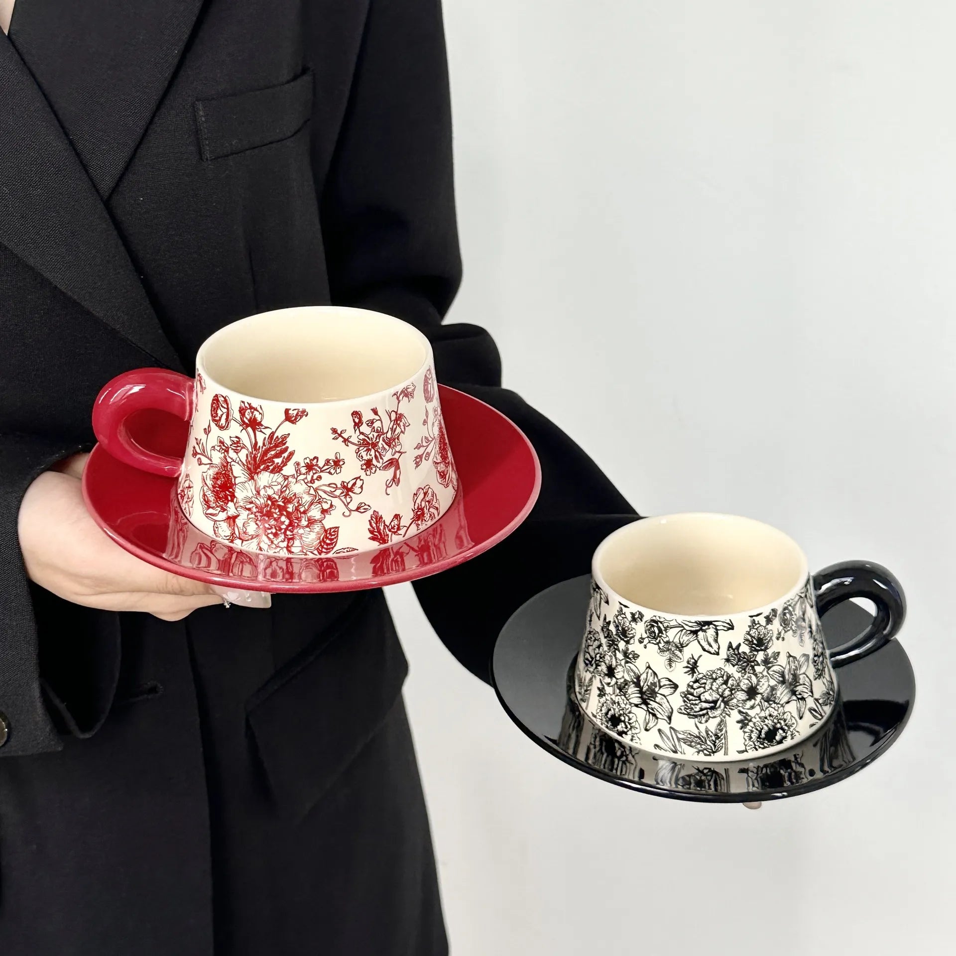 Hand-Painted Floral Ceramic Coffee Cup & Saucer Set Premium Ceramic Pottery Mug Tea Cup