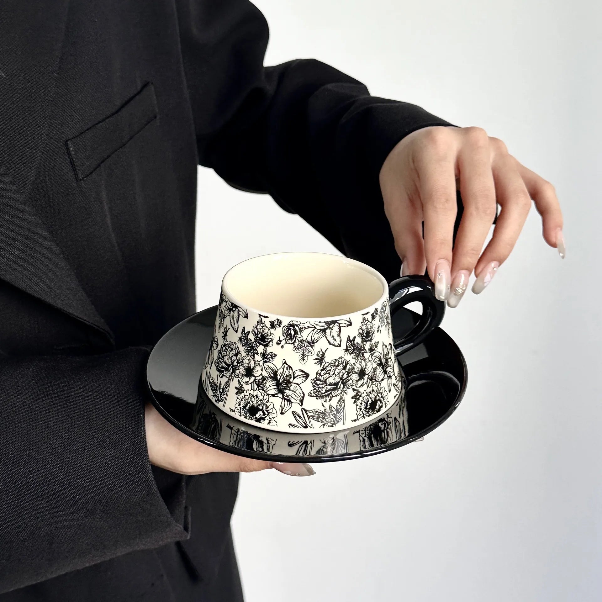 Hand-Painted Floral Ceramic Coffee Cup & Saucer Set Premium Ceramic Pottery Mug Tea Cup