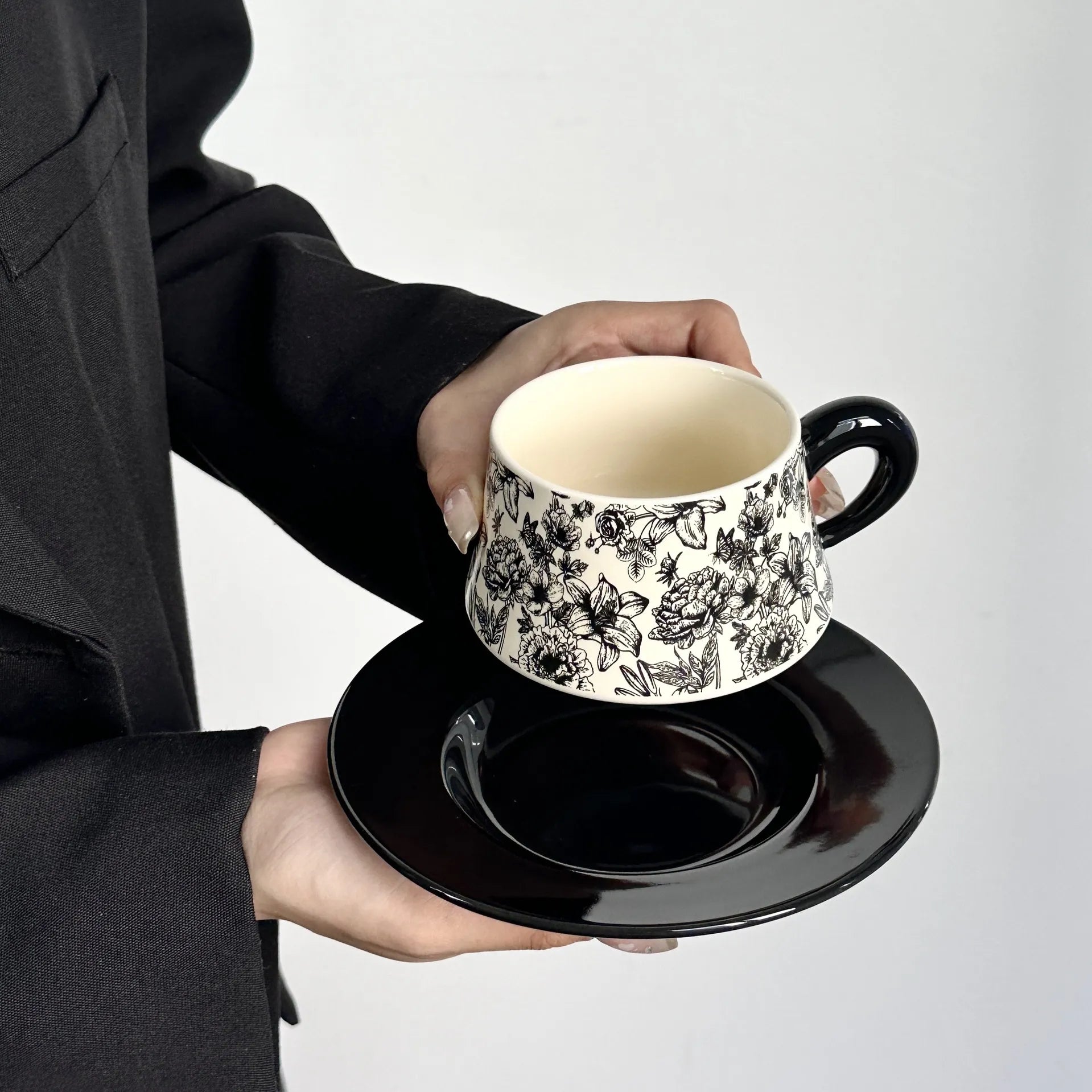 Hand-Painted Floral Ceramic Coffee Cup & Saucer Set Premium Ceramic Pottery Mug Tea Cup