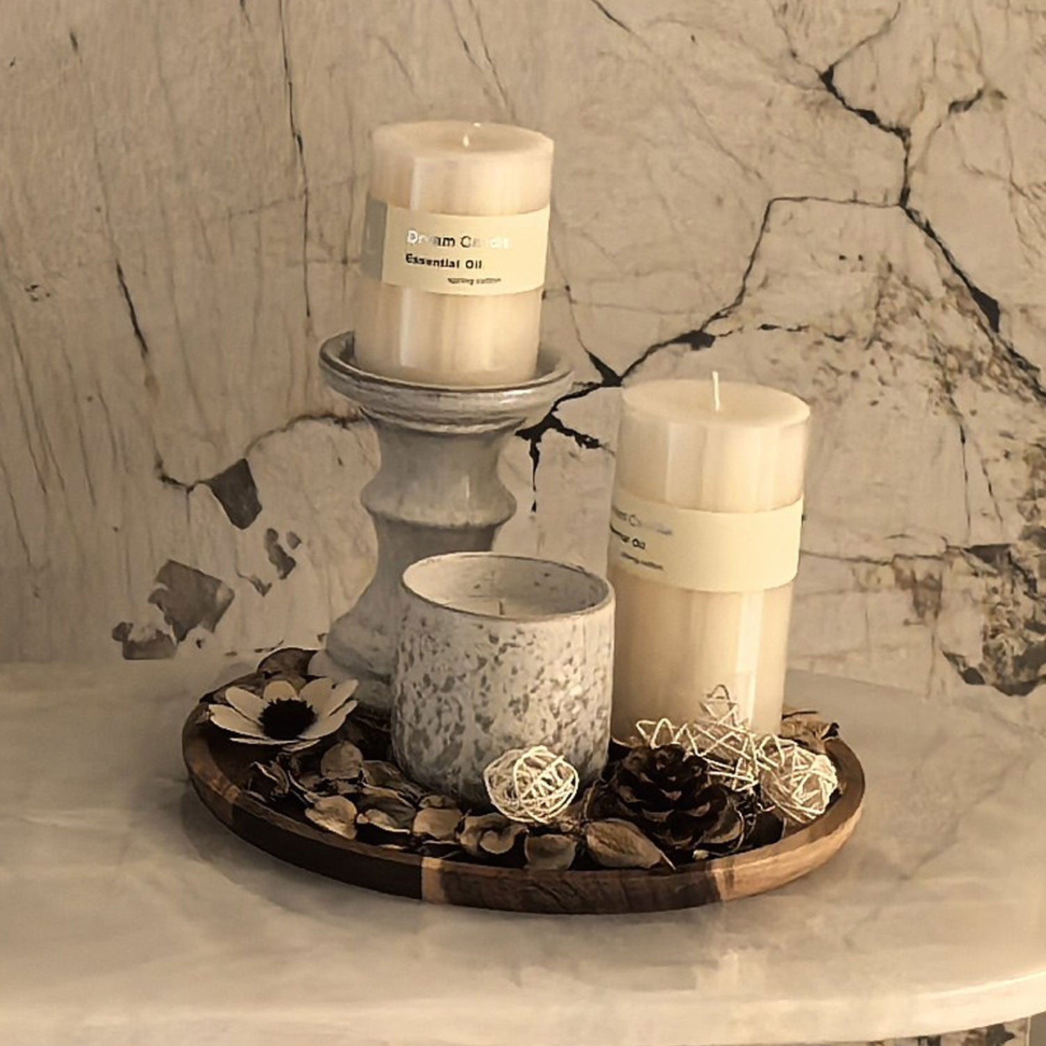 English Pear & Freesia Scented Candle Set with Wooden Tray & Holder