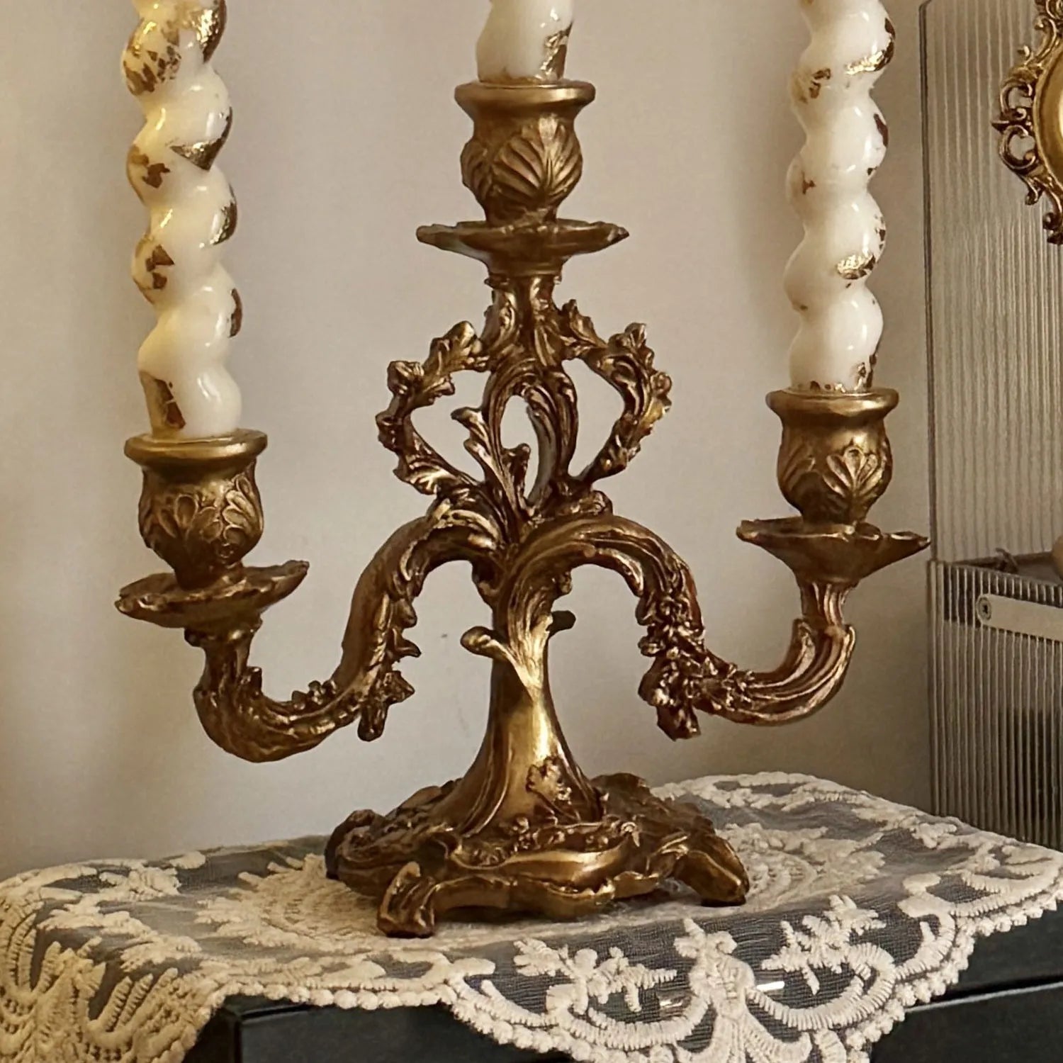 French Baroque Triple Candle Holder Antique Gold Resin Candle Stand