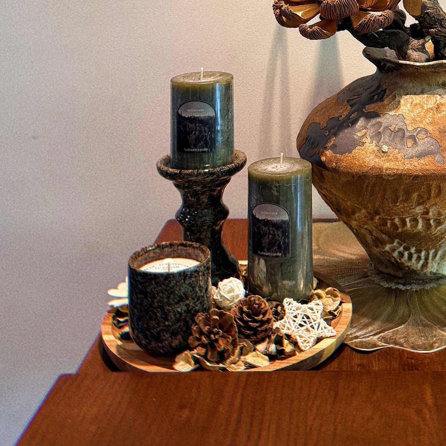 Wilderness Scented Candle Set Natural Oils Candle with Wooden Tray