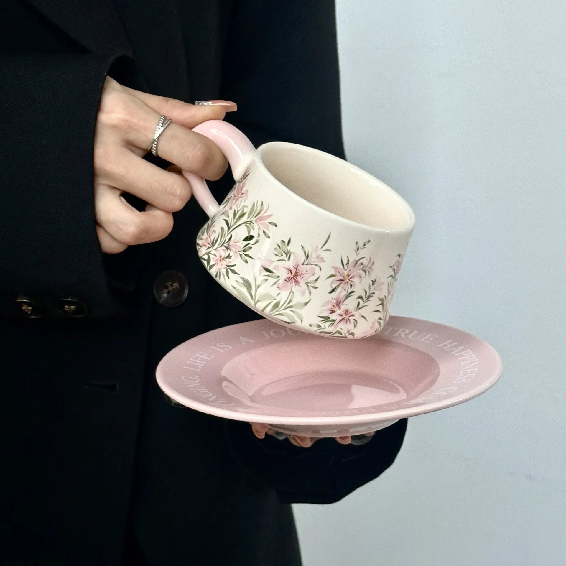 Hand-Painted Lily Ceramic Coffee Cup & Saucer Set Pink Pottery Mug Tea Cup