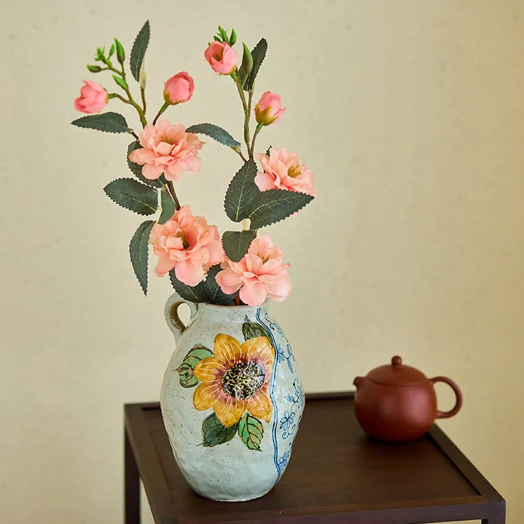 Hand-Painted Sunflower Blue and White Porcelain Vase Living Retro Chinese Ceramic Flower Vase