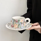 Flowers Full Bloom Ceramic Coffee Cup & Saucer Set Retro Elegant Latte Pottery Mug Tea Cup Gift
