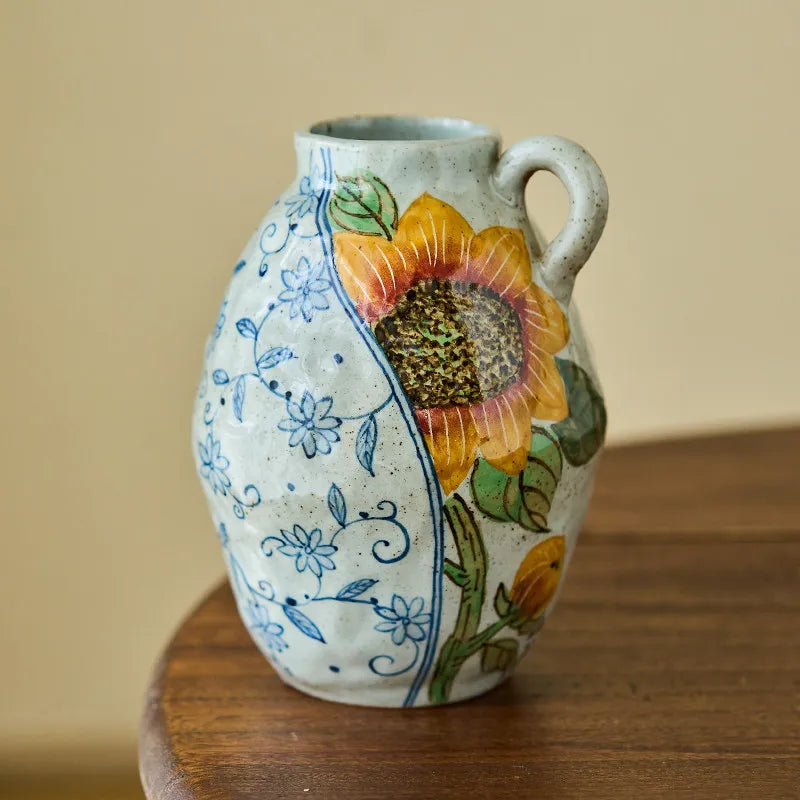 Hand-Painted Sunflower Blue and White Porcelain Vase Living Retro Chinese Ceramic Flower Vase