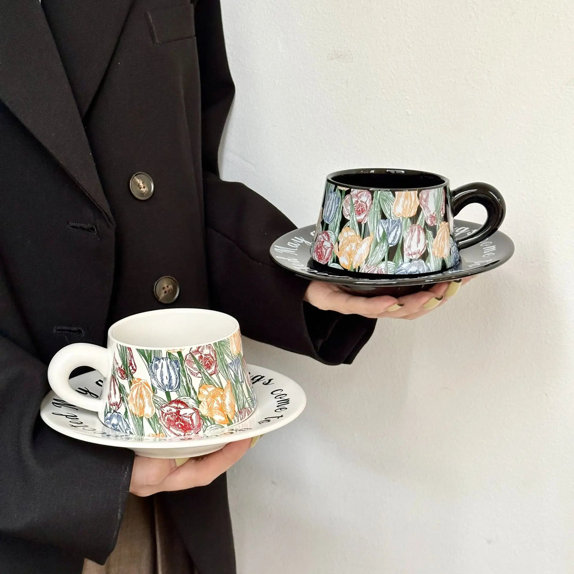 Flowers Full Bloom Ceramic Coffee Cup & Saucer Set Retro Elegant Latte Pottery Mug Tea Cup Gift