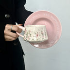 Hand-Painted Lily Ceramic Coffee Cup & Saucer Set Pink Pottery Mug Tea Cup