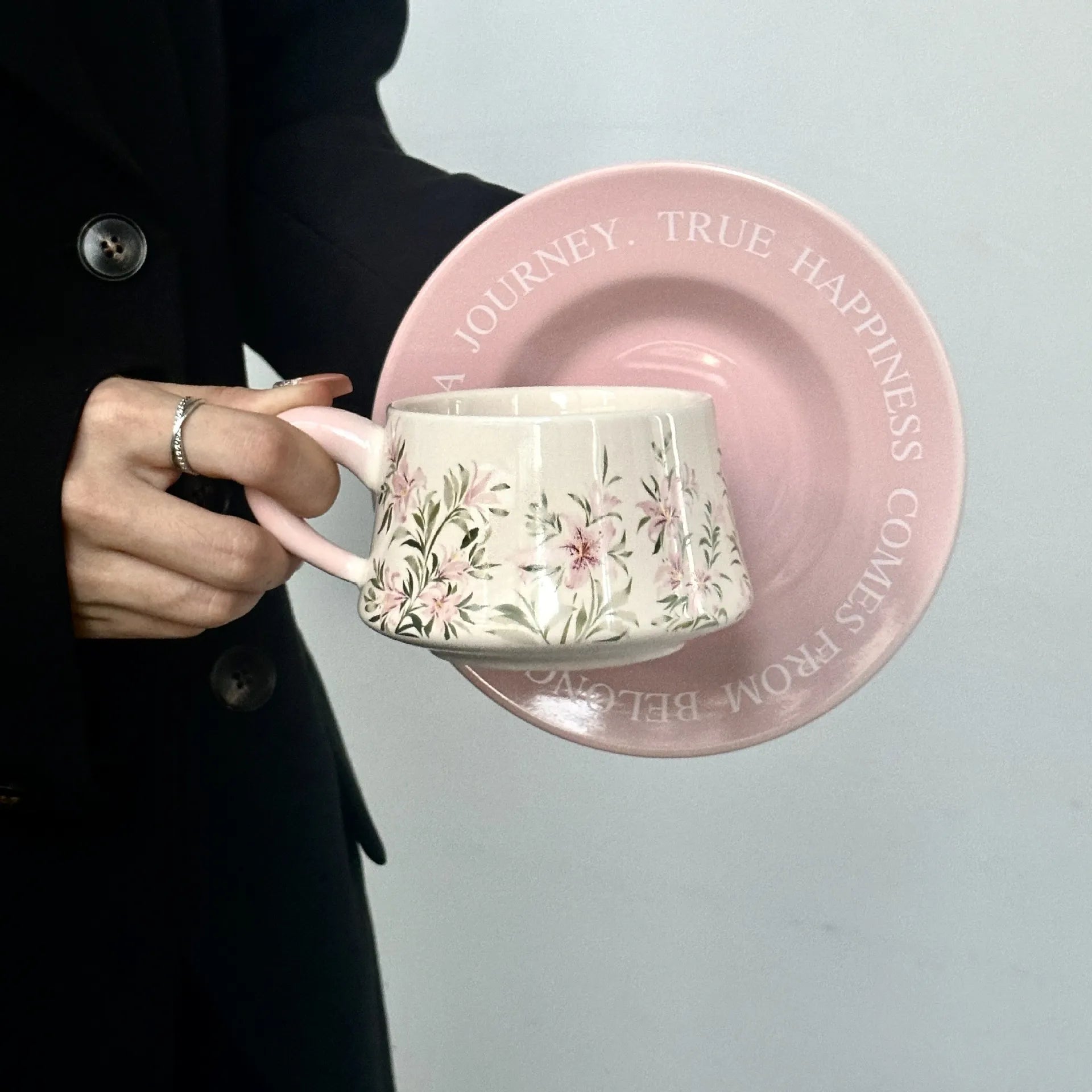 Hand-Painted Lily Ceramic Coffee Cup & Saucer Set Pink Pottery Mug Tea Cup