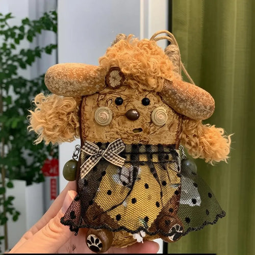 Double-sided Soybean Pod Dog Doll Bag Charm Natural Plant Plush Pod Craft with Fluffy Ears & Stylish Dresses