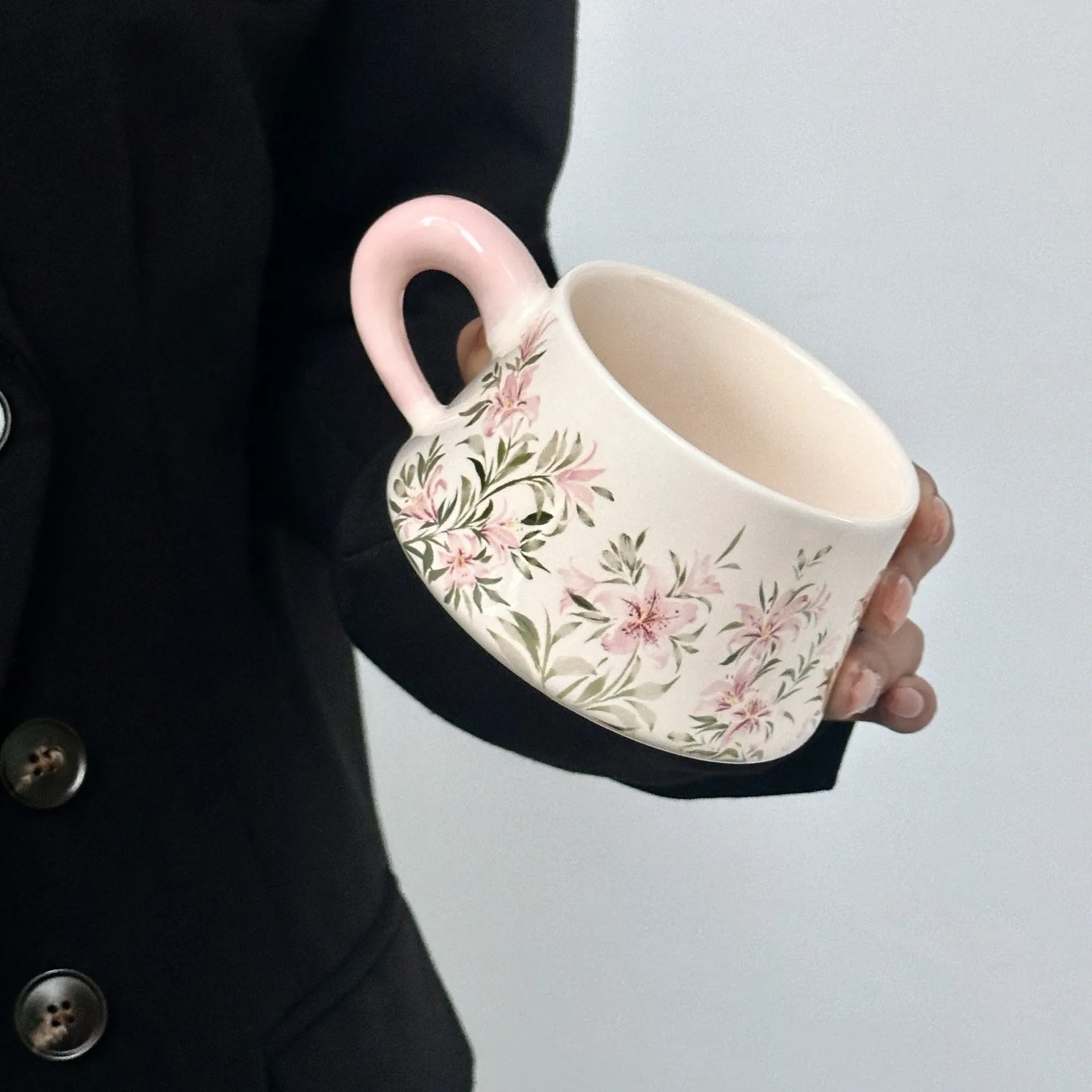 Hand-Painted Lily Ceramic Coffee Cup & Saucer Set Pink Pottery Mug Tea Cup