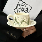 Hand-Painted Green Lily Ceramic Coffee Cup Saucer Set Vintage Classic Pottery Mug Tea Cup