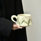 Hand-Painted Green Lily Ceramic Coffee Cup Saucer Set Vintage Classic Pottery Mug Tea Cup