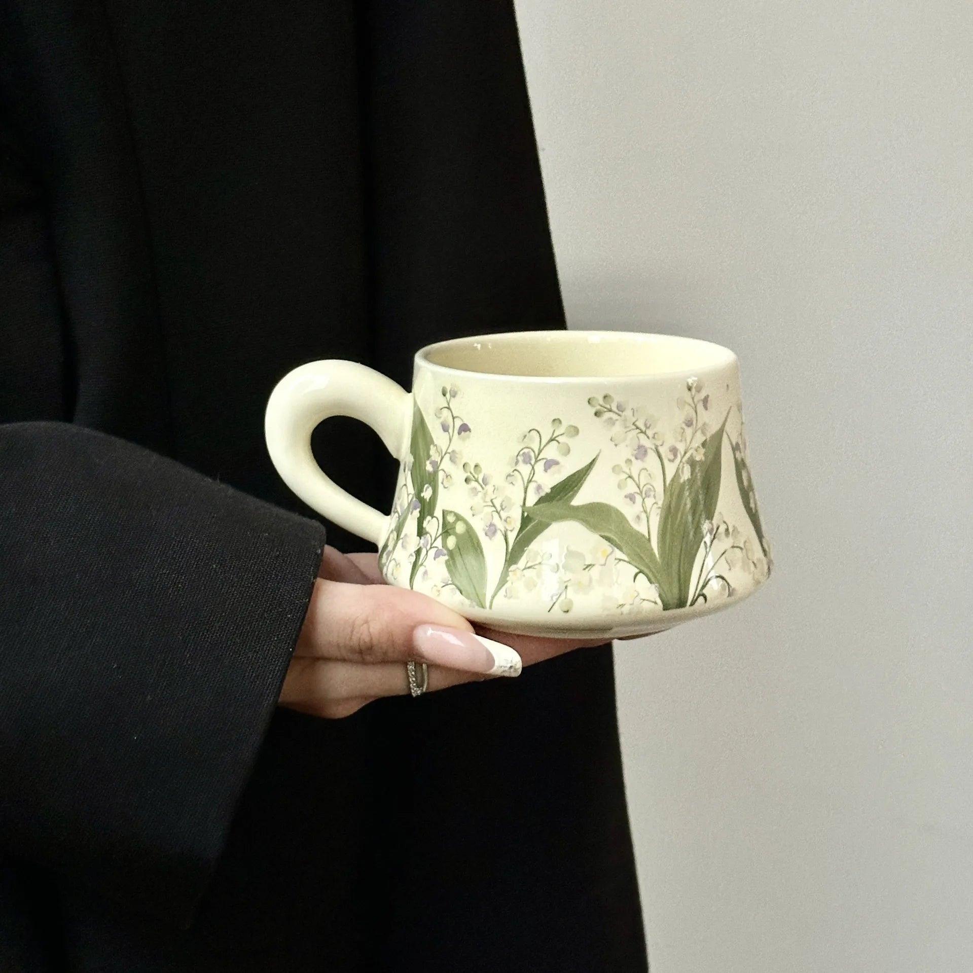 Hand-Painted Green Lily Ceramic Coffee Cup Saucer Set Vintage Classic Pottery Mug Tea Cup