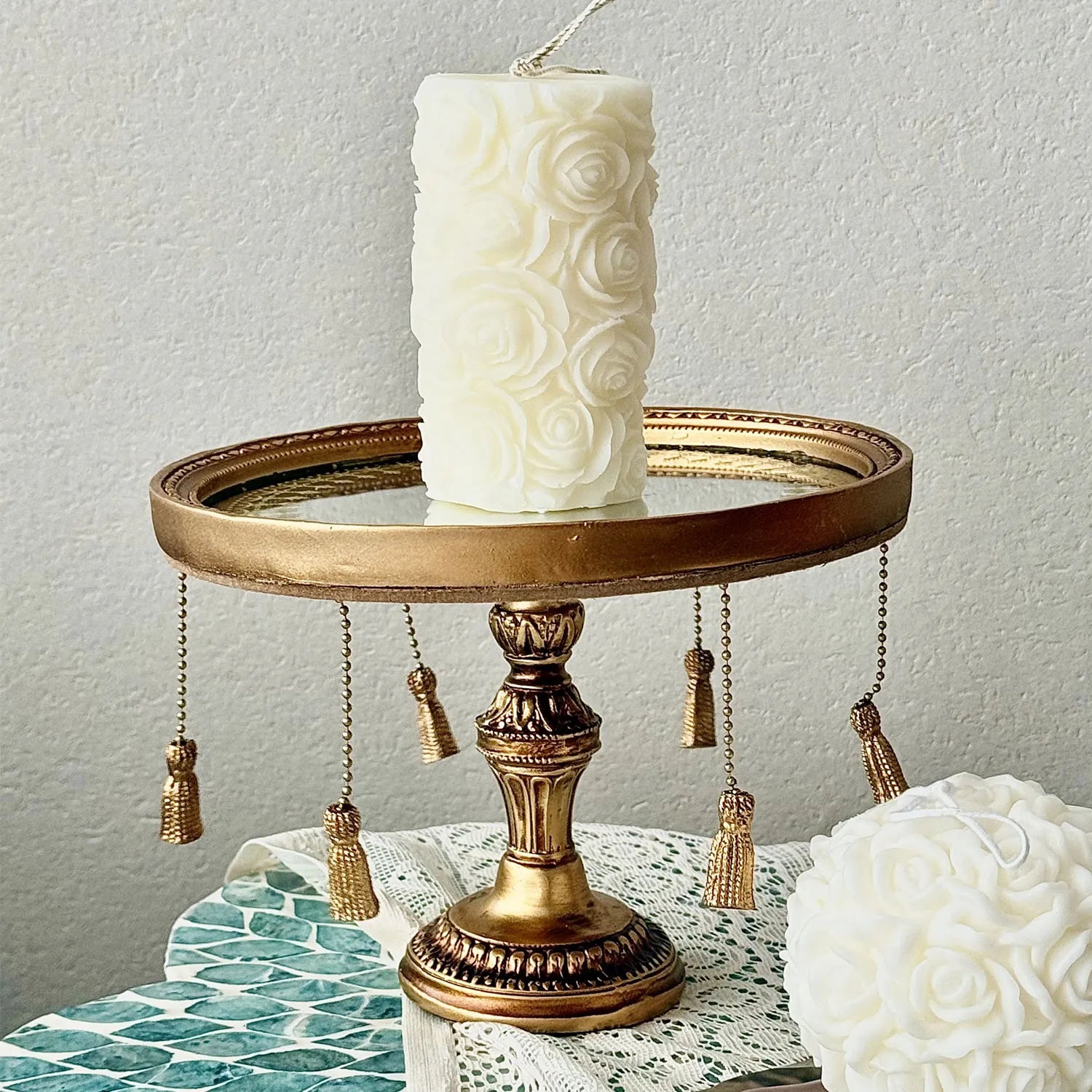 French Baroque Tassel Mirror Candle Tray Antique Gold Resin Candle Holder