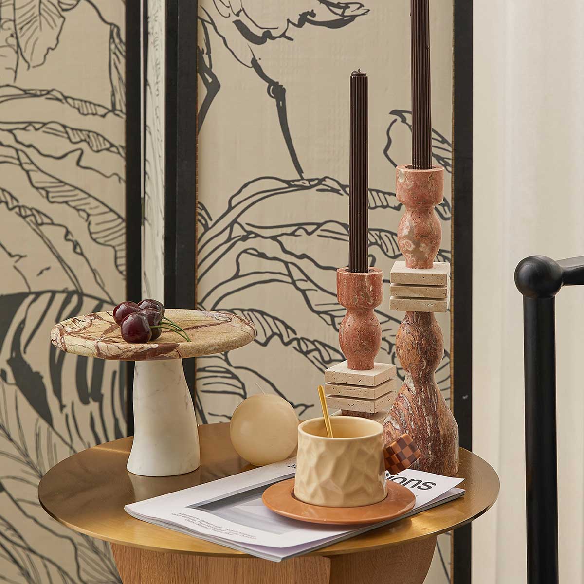 Beaded French Stone Candle Holder Vintage Mid-century Candlestick Tabletop Centerpiece